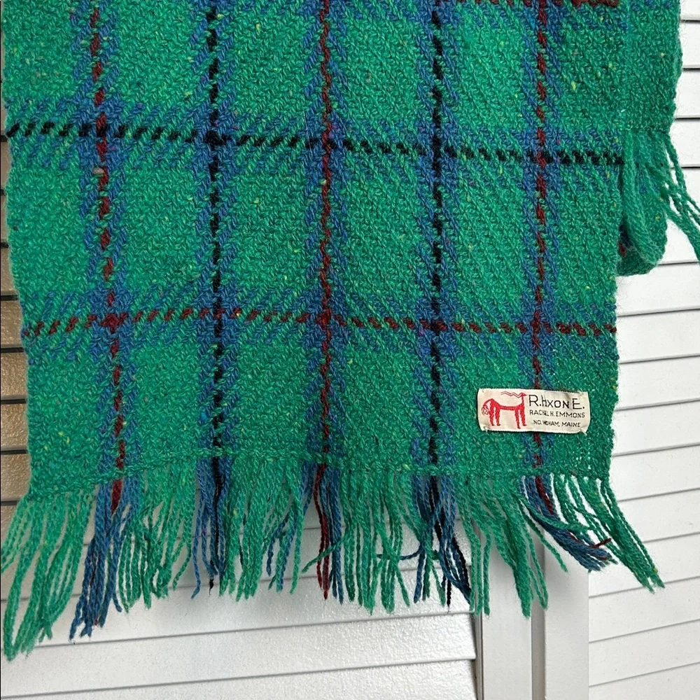 Green blue burgundy Plaid Wool blend plaid tartan vintage fringe scarf